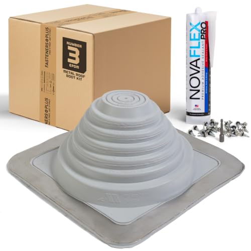 Image of Fasteners Plus #3 Square EPDM Metal Roof Pipe Flashing Boot with Complete Install Kit (Fits 1 /4 inch - 5-3 /4 inch Pipe OD), Gray