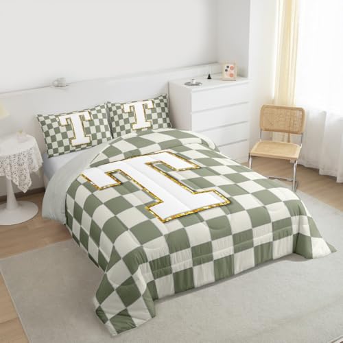 Image of Erosebridal Sage Green Checkered Bedding Set Full Plaid Initial T Comforter Set for Kids Adults Personalized Monogram Down Comforter,Fashion Grids Gingham Quilt Duvet