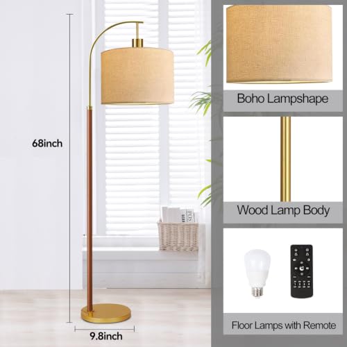 Image of Wood Floor Lamps for Living Room Arc Floor Lamp with Remote Control,Dimmable Farmhouse Floor Lamp Mid Century Modern Standing Lamp with 3 Color Temperature Tall Vintage Floor Lamp For Bedroom Corner