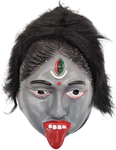Image of BookMyCostume Kali Mata Rubber Mask for Fancy Dress - Grey Color Goddess with Attached Hair|Religious Role for Kids & Adults|Kali Devi Costume Accessory