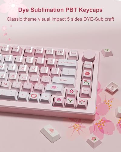 Image of dagaladoo PBT keycaps Set, Cherry Profile Keyboard Keycaps Cute | Glossy Cherry Blossom key caps,Custom keycaps for 60% 65% 75% 100% Cherry-MX switch Mechanical Keyboard(Pink,134-keys)