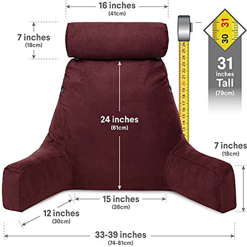 Image of Husband Pillow XXL Reading & Bed Rest Pillows - Premium Memory Foam Backrest Pillow with Arms & Neck Roll - Aspen Edition Arizona Maroon - Reversible 2 Sided Cover with Plush Microfiber and Suede