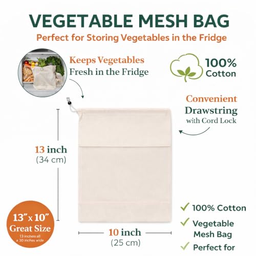 Image of Pack of 8 Vegetable Mesh Storage Bags for Refrigerator | Reusable Cotton Produce Bags with Drawstring | Eco-Friendly Fridge Organizer for Fruits & Vegetables (Pack of 8)