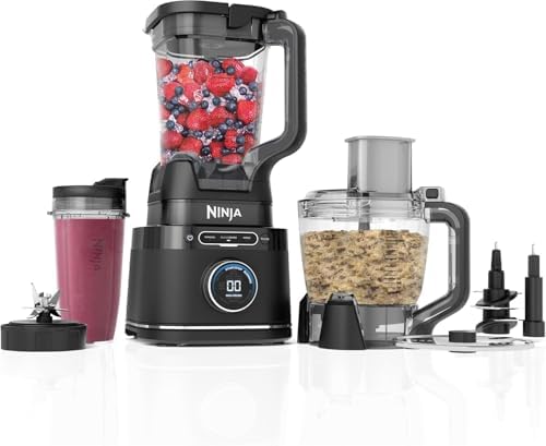 Ninja Detect Power Blender Processor Pro 3-en-1, mixeur 1200W, bol à mélanger, lame malaxeur, gobelet individuel, récipient, pétrir, mixer, hacher et mélanger, noir, TB401EU