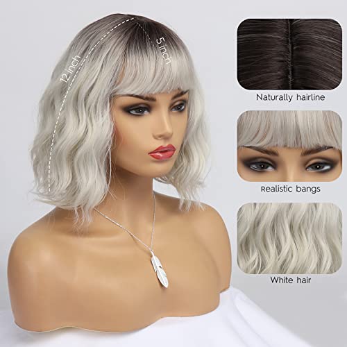 Bestung Short White Silver Wigs For Women Ombre Grey Wavy Bob Wig With Bangs Medium Length Synthetic Hair Water Wave Dark Roots Wig Gray Colorful Wigs(12 Inches) thumb #2