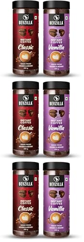 Image of Bevzilla 200 Gram Classic & 200 Gram Vanilla Flavoured Instant Coffee Powder | Perfact for Espresso, Latte & Cappucino | Hot & Cold Coffee | Unbreakable Jar (Pack of 3)