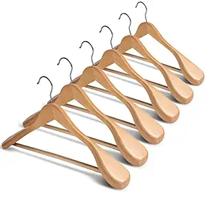 STAR WORK Home Deluxe Curved Solid Wood Coat Hanger Set of 6, Suit Hanger, Jacket Hanger with Sturdy Non-Slip Bar, Smooth Finish, Wide Shoulder Pack (Natural Color) (6)