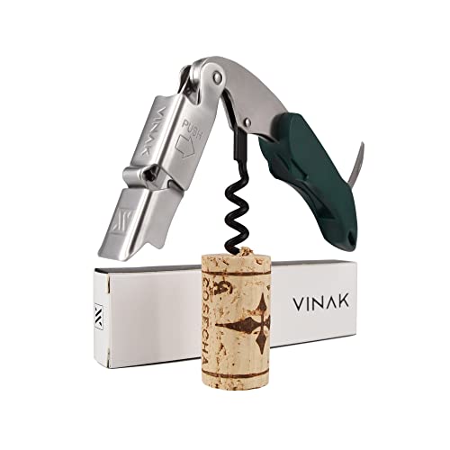 VINAK Tire-bouchon professional XPERT, couteau de sommelier en acier inoxydable avec double support articulé + décapsuleur + couteau coupe-capsule et spirale téflonnée. (E - Vert)