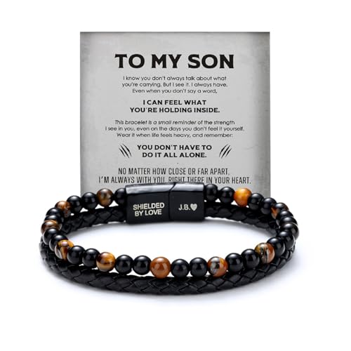 The Guardian - Son's Tiger Eye Protection Bracelet, Leather Black Beaded Bracelets for Women & Men with Engarved Name, Cuff Bangle Mens Beaded Bracelets, To My Son Bracelet from Mom, Mens Gifts