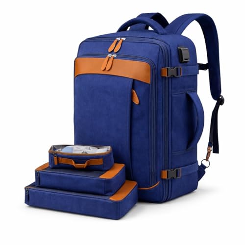 Mochila de Viagem Expansível 40L Impermeável com 3 Organizadores, Impermeável, Porta USB, para Notebook, Trabalho e Escola, Masculina, Feminina, Viagem Avião (Azul)