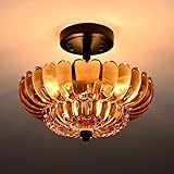 Semi Flush Mount Ceiling Light Fixture, Amber Glass 3-Light Modern Vintage Ceiling Lights, Scalloped Close to Ceiling Light, Black Base Flush Mount Ceiling Light for Hallway Bedroom Entryway Kitchen