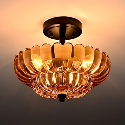 Image of Modern Amber Glass Scalloped 3-Light Flush Mount Ceiling Light Black Base | Vintage Semi Flush Mount Ceiling Light Fixture, Close to Ceiling Light Dimmable for Hallway Bedroom Entryway Kitchen