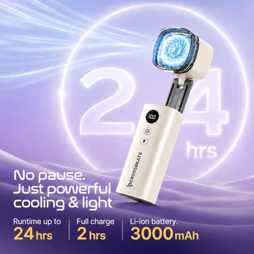 Image of CrossBeats Breezo Foldable Rechargeable Handheld Fan with LED Light | BLDC Motor, 100 Adjustable Speed Levels, 3 Light Modes, Portable Mini Fan for Travel, Office, Gym & Makeup