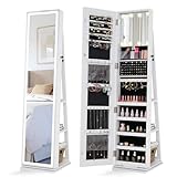 GOPLUS Schmuckschrank mit Spiegel in voller Länge, LED, Innenspiegel beleuchtet in 3 Farben, Ablagen hinten, drehbarer Schmuckorganizer für Frauen Mädchen (weiß)