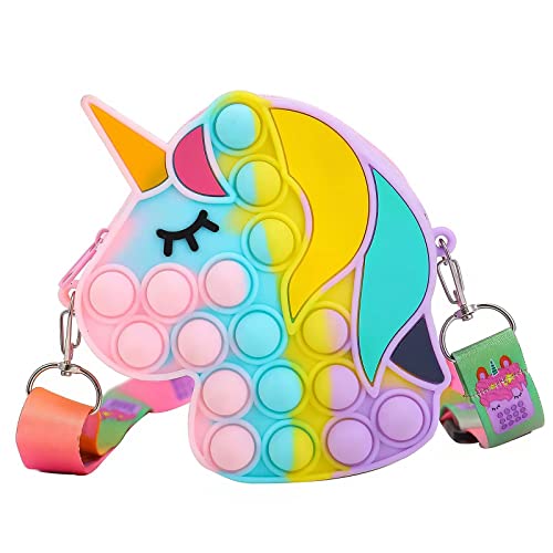 Cartoon Kleine Umhängetasche, Einhorn kleine Umhängetasche, Taschen mädchen, Kindergeldbörse, Umhängetasche aus Silikon, verstellbarer Schultergurt, lindert Angst, geeignet für kleine Mädchen Cover