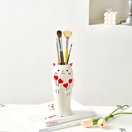 Cute White Cat Ceramic Vase - Handmade Cat Decor Flower Vase - Aesthetic Decorative Vase For Flowers - Home Decor Gifts For Women #TOP1