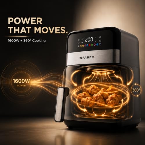 Image of Faber 7L 1600W Digital Air Fryer | Fry, Bake, Roast, Toast, Defrost, Grill & Reheat | 85% Less Oil, 360 Air Cooking | 8-Preset Menu, LED Display & Touch Control| Non-Stick Pan | FAF EVA 7.0L BK