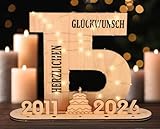 Giftota - 2026 Originelle 15 Geburtstag Geschenk Mädchen & Jungen - 15 Kristallhochzeit - Geldgeschenke 15 mit LED Lichterkette Ständer - Holz-Schild Gästebuch - 15 Geburtstag Deko -Hochzeitsgeschenke