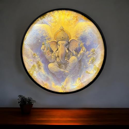Image of PAINTINGMANTRA Shree Ganesh Ji Night Wall Lamp Painting with Premium Aluminium Metal Frame, Religious Round Wall Painting with Warm White Night Lamp for Home & Office Wall Decor 18x18 Inches