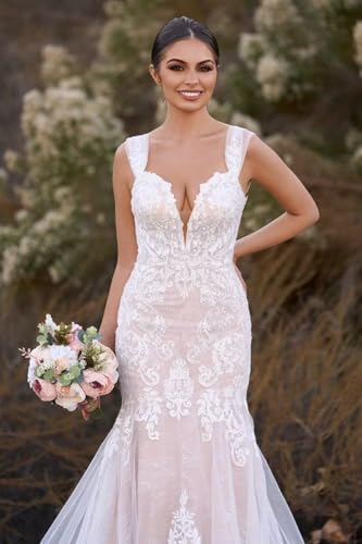 Spaghetti Straps Mermaid Wedding Dresses for Bride Long V Neck Lace Appliques Tulle Bride Gowns2