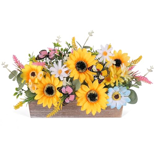 Aweyka Summer Sunflower Table Centerpieces Rustic Artificial Floral Arrangements Wooden Crate Rectangular Wooden Planter with Yellow Sunflowers for Tiered Tray Shelf Table Home Farmhouse Decor