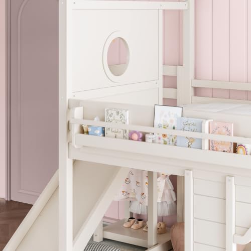 Image of Bellemave Bunk beds Full Over Full with Slide,Bookshelf and Wardrobe House roof Design, Low bunk /loft Bed for Kids,Beige