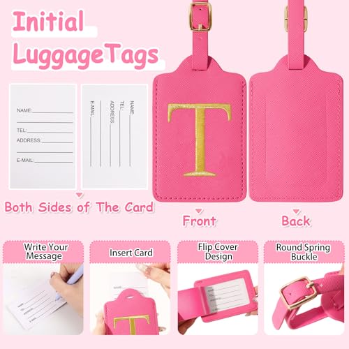 Image of Initial Letter Luggage Tag for Suitcase, Cute Luggage Bag, Waterproof PU Leather Travel Luggage Tag, Suitcase Identifier Name Tag, Monogrammed Suitcases Tags, Bag Tags for Handbags(Rosered T)