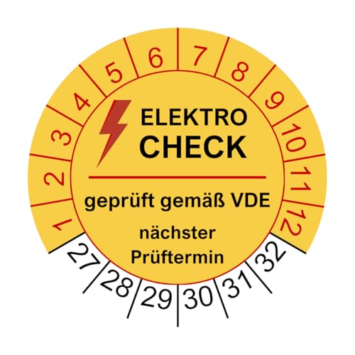 100 Prüfplaketten Elektrocheck 2026-30mm - nachhaltig - 2027 bis 2032 - gelb - geprüft gemäß VDE - Nächster Prüftermin - Aufkleber Prüfaufkleber Prüfetiketten E-Check Elektrocheck (100 Stück)