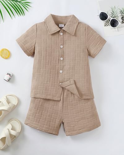 Image of Toddler Boy Clothes Little Kids Summer Outfits Short Sleeve Button Down Shirt Top Shorts Set 2 PCS Boy's Clothing