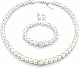 ONDEGO® 3er-Set Brautschmuck – Glaswachsperlen & Strass, Weiß – Perlenkette verstellbar, elastisches Armband & Ohrringe – Schmuckset für Hochzeit, Kommunion, Abiball, festliche Anlässe