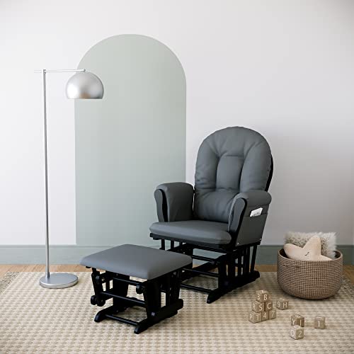 Image of Storkcraft Premium Hoop Glider & Ottoman (Black with Gray) - GREENGUARD Gold Certified, Solid Wood Craftsmanship, Convenient Storage Pockets, Smooth-Gliding Chair for Nursery, Multi-Award-Winning