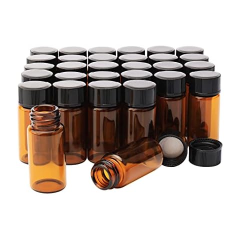 Unxuey 30pcs 5ml Brown Glass Bottles with Black Plastic Screw Cap Empty Vials Sample Jars Cover