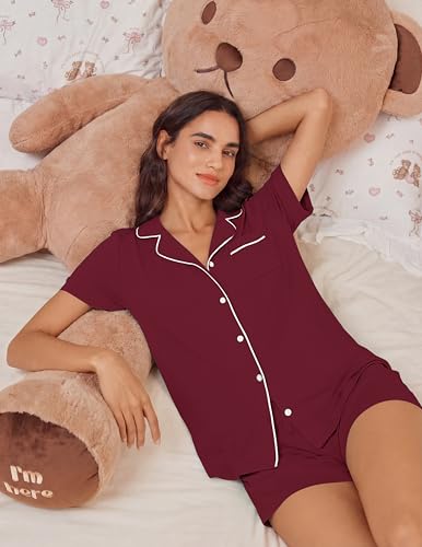 Image of Ekouaer Womens Pajamas Set Soft Classic Notch Collar Bride Pjs Comfy Short Sleeve Sleepwear Loungewear