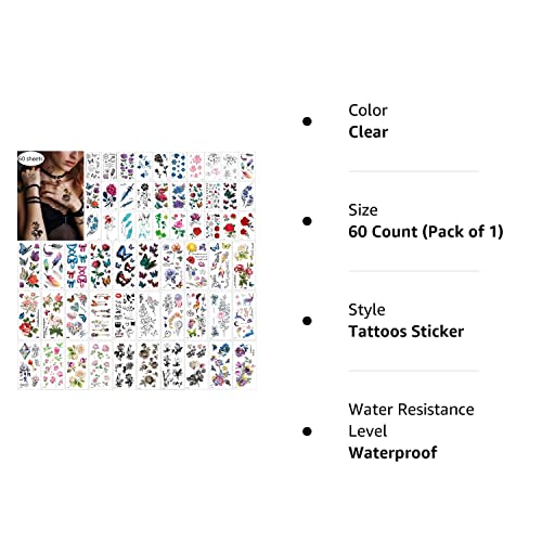 60 Sheets Waterproof Butterfly Flower Temporary Tattoos Stickers For Women,Multiple Design Styles #TOP5