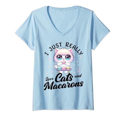 Womens I Just Really Love Cats And Macarons Macaron Lover V-Neck T-Shirt