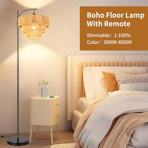 Illmtw Boho Floor Lamp For Living Room With Remote,Arc Floor Lamps Rattan Standing Lamp Dimmable Farmhouse Tall Lamp With 3-Tier Wicker Lamp Shade Adjustable Black Floor Light For Bedroom Bohemian thumb #2