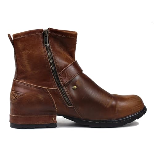 Image of OSSTONE Moto Boots for Men Fashion Zipper-up Leather Chukka Boots Casual Shoes OS-5008-1-BP-US-R Vintage Brown