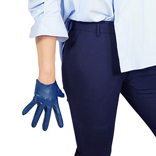 DooWay Women's Fashion Short Leather Gloves Faux Lambskin PU for Dressy Costume Driving 16 cm (Navy Blue)