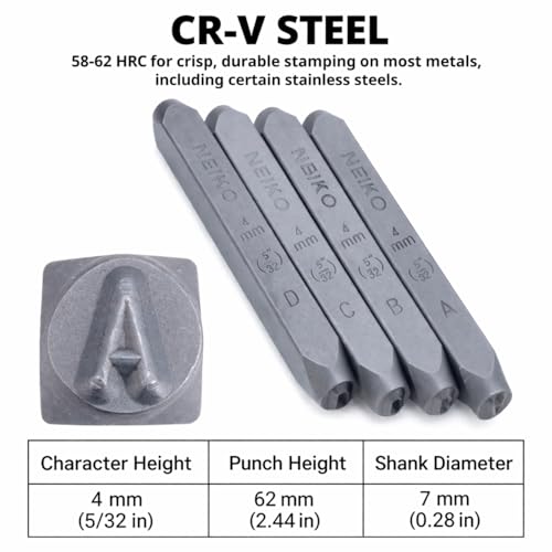 Image of NEIKO 02632A Number and Letter Punch Set with Heat-Treated Steel Punches, Imprinting & Arts and Crafts, 5 /32 inch (4 MM) Shaft, 36 Pc Stamp Set, Uppercase Letter & Number Punch Set (A-Z / 0-8 / inch& inch)