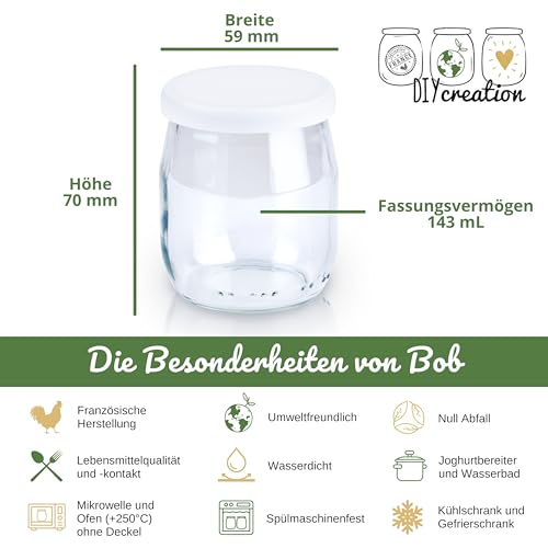 DIY Creation - 12er Set Joghurtgläser aus Glas mit luftdichtem Deckel – Marmeladengläser klein und Gläser mit Deckel – für SEB Multidélices, Thermomix, Cookeo – Babybrei-Gläser – 125g / 143ml