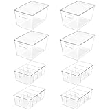 Vtopmart 8 Pack Clear Plastic Storage Bins Set, 4 Large Pantry Organizer Bins with Lids & Handles and 4 Medium Snack Organizer Bins with 4-Compartment for Pantry, Kitchen, Fridge, Cabinet Organization