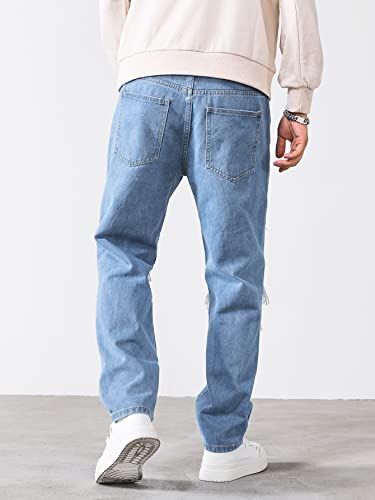 WDIRARA Men's Cut Out Ripped Frayed Zipper Fly Long Straight Leg Denim Jeans2