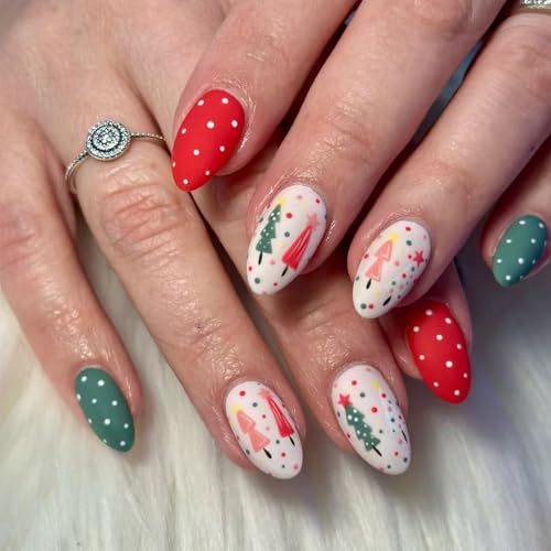 24 Pcs Christmas Press on Nails Short Almond Fake Nails with Multicolor Christmas Tree Small Dot Designs Winter Xmas Stick on Nails Cute Matte Acrylic False Nails for Women Holiday Manicure DIY