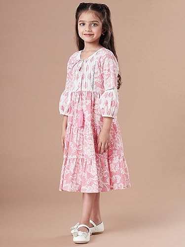 Image of Pspeaches Girls Tiered Floral Print Tie-Up Neck A-Line Midi Cotton Dress (Pink)