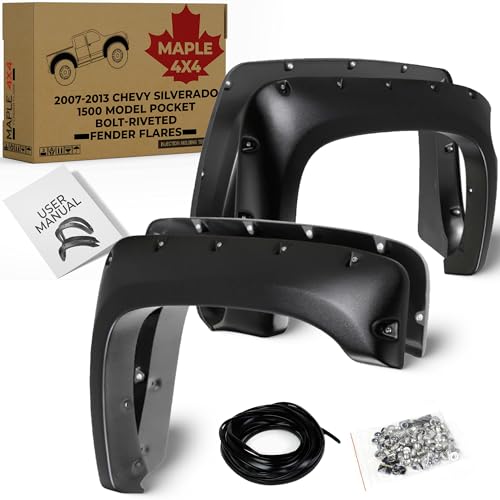 Maple4x4 2007-2013 Compatible with Chevy Silverado1500 2500 3500 (5.8ft Bed Only) Pocket Bolt-Riveted Fender Flares | Smooth Black Paintable, Set of 4 (Not for GMC Sierra) - FF205 by Maple4x4 - Used condition - CA$123.51