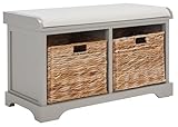 SAFAVIEH Home Collection – Freddy Vintage Grey Storage Bench with Wicker Baskets & Cushion, Entryway Seating Bench, Fully Assembled (AMH5736F)