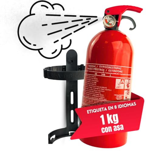 notlok Safety Work - Extintor de Polvo de 1kg ABC + E < 1000 V | 3 años de garantía | Mini extintor de presión Continua doméstico Ideal para Cocina Pero también para Coche | + Soporte para extintor