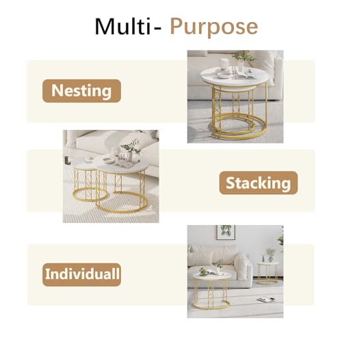 Image of Garden 4 you Coffee Table Faux Marble Nesting Table for Small Place 2 Sets Modern Furniture Living Room Sets End Side Table Night Stand for Bed Room Dining Room (White & Gold)
