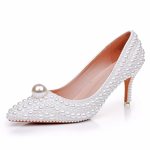 Women's Leather Pearl Stiletto Pumps Fashion Closed Pointed Toe Slip-on High Heel High Dress Shoes for Wedding Party