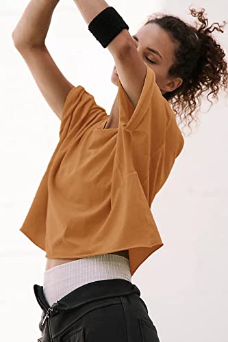 Image of HUGOOME Womens Oversized Workout Crop Top Casual Short Sleeve Boxy Roll Hem | Basic Half Split Sleeve Drop Shoulder Loose Yoga Running Gym Tee Cropped T-shirt Solid Trendy Relaxed Daily Tee
